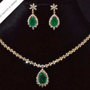 GIA Certified Natural 21.76CTS VS F Diamond Emerald 18K Solid Gold Necklace Set